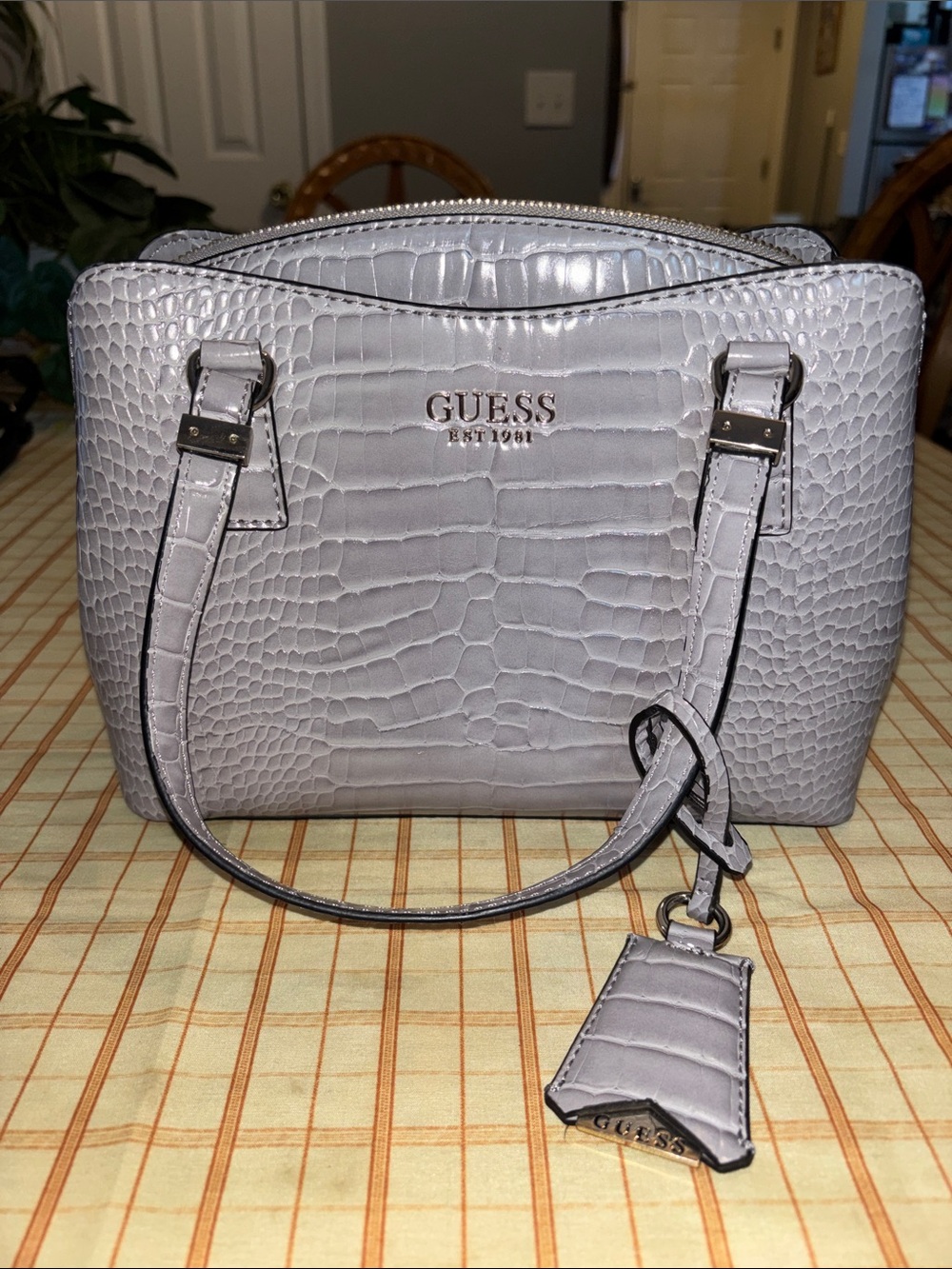 GUESS Croc-Embossed Light Gray Satchel